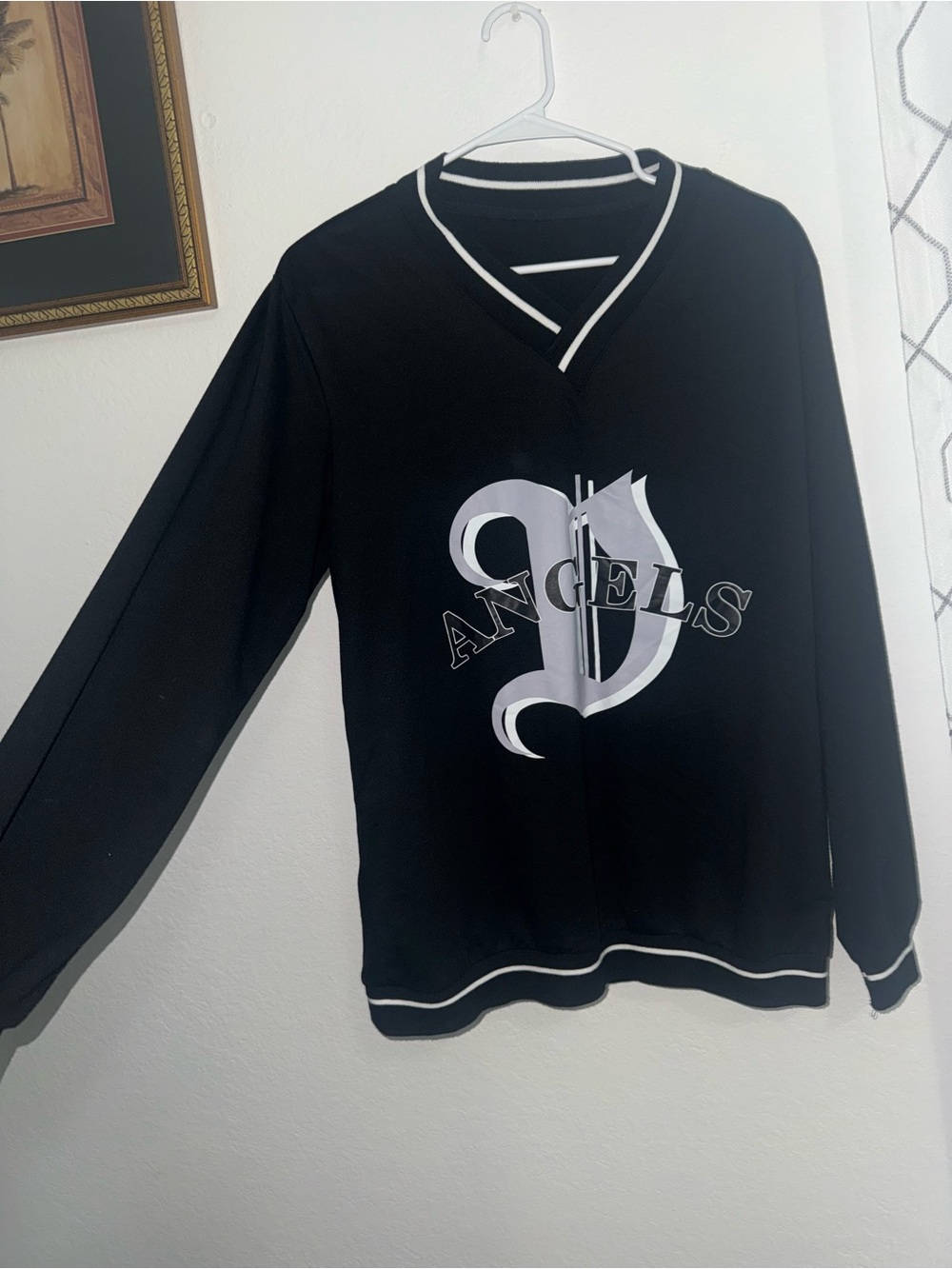 SHEIN Black V-Neck 'Angels' Graphic Long Sleeve Shirt